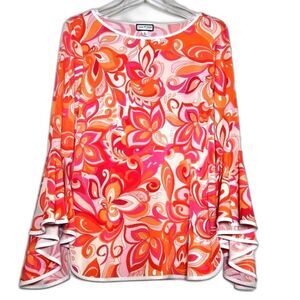 Sam and Jess 70's Vibes Orange & Pink Flower Power Paisley Bell Sleeve Blouse